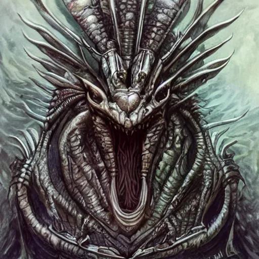 Image similar to Giger portrait of queen dragon, Dragon in dragon lair, HD, full body dragon concept, flying dragon, soft shading, soft colors, relaxed colors, hyperdetailed, wide angle lens, fantasy, futuristic horror, style of giger