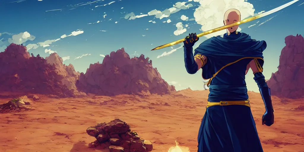 Image similar to blue knight holding a gold sword, green hatchback car screen left, low wide angle, anime, desert landscape, greg rutkowski, Murata, one punch man manga, cinematic, digital art, hyper realistic