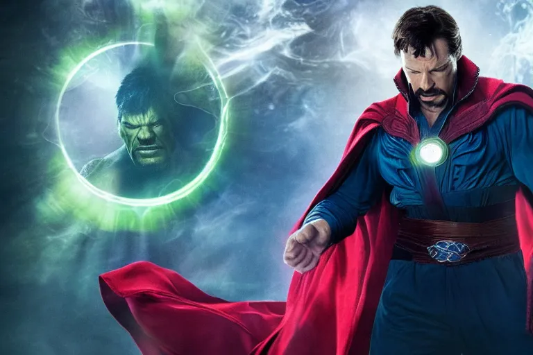 Prompt: photograph of the hulk wearing doctor strange's cape, straining his muscles, on a background full of magic, photography, dramatic, cinematic