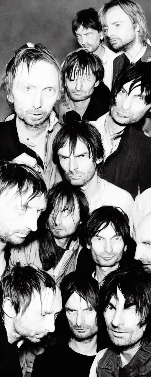 Prompt: disco diffusion portrait of Thom Yorke, Jonny Greenwood, Ed O'Brien, Colin Greenwood, Philip Selway, hiding in the bushes looking shifty