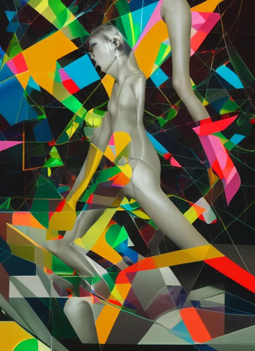 Prompt: futuristic lasers tracing, colorsmoke, fullbodysuit, pyramid hoodvisor, raindrops, wet, oiled, beautiful cyborg girl, by steven meisel, kaws, rolf armstrong, mondrian, hannah af klint perfect geometry abstract acrylic, octane hyperrealism photorealistic airbrush collage painting, monochrome, fluorescent colors, minimalist rule of thirds, eighties eros
