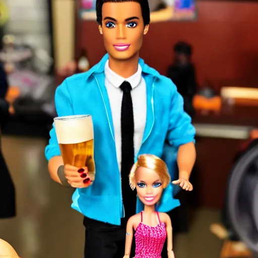 Prompt: a Barbie doll with black eye and bloody lip, standing next to Ken doll holding a beer