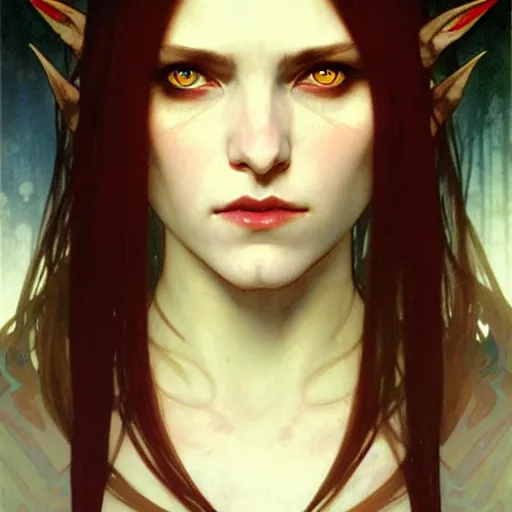 Image similar to Portrait of a pretty half-elf half-vampire young woman. Her hair has black strands and white strands. Her eyes have red irises and vertical pupils. Art by Greg Rutkowski and Alphonse Mucha