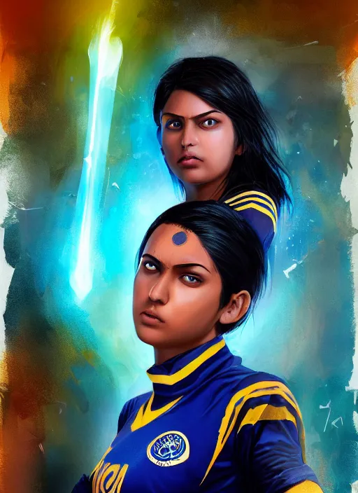 Image similar to An epic fantasy comic book style portrait painting of a very very beautiful young Indian woman, very expressive, dark piercing eyes, tomboy, mischievous, smirk, round face, very dark Nilotic tan skin, futuristic short black hair style, wearing a blue and yellow soccer uniform, arms crossed, unreal 5, DAZ, hyperrealistic, octane render, cosplay, RPG portrait, dynamic lighting