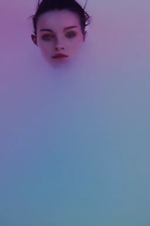 Image similar to high quality pastel coloured film close up wide angle photograph of a model wearing clothing swimming on cloud furniture in a icelandic black rock!! environment in a partially haze filled dreamstate world. three point light, rainbow. photographic production. art directed. pastel colours. volumetric clouds. pastel gradient overlay. waves glitch artefacts. extreme facial clarity. 8 k. filmic.