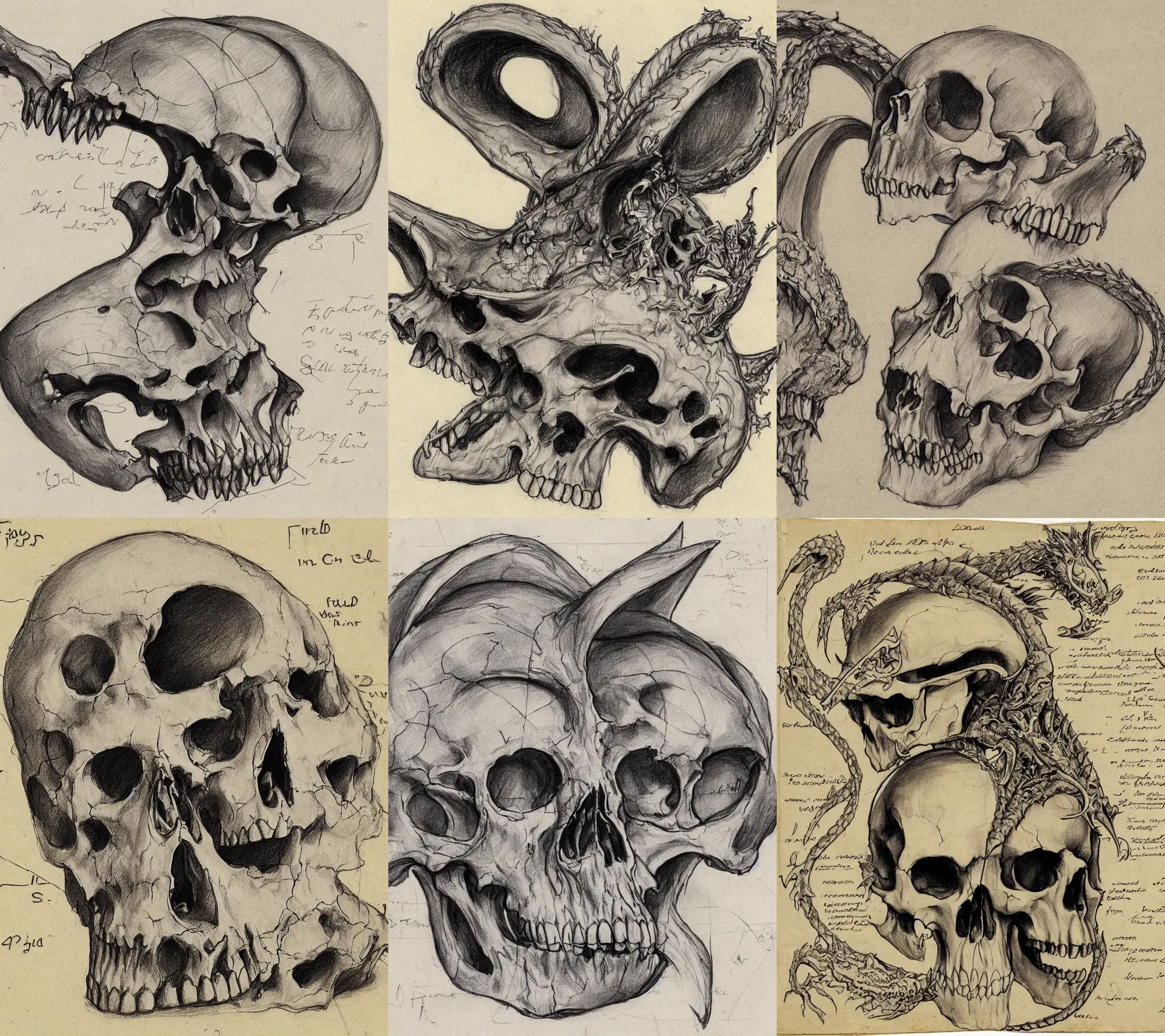 Prompt: The skull and cross-section of a dragon, field journal, sketch, marginalia, notes, measurements