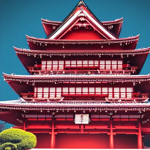 Prompt: beautiful japanese castle in the color red, dark sky with full moon, hyper detailed, highly detailed, photo realistic