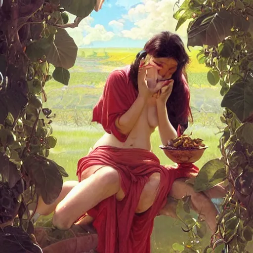 Image similar to eve eating fruit from the tree of knowedge of good and evil in the gardnen of eden, highly detailed, digital painting, artstation, concept art, smooth, sharp focus, illustration, artstation, art by artgerm, greg rutkowski, alphonse mucha, ilya repin and charlie bowater