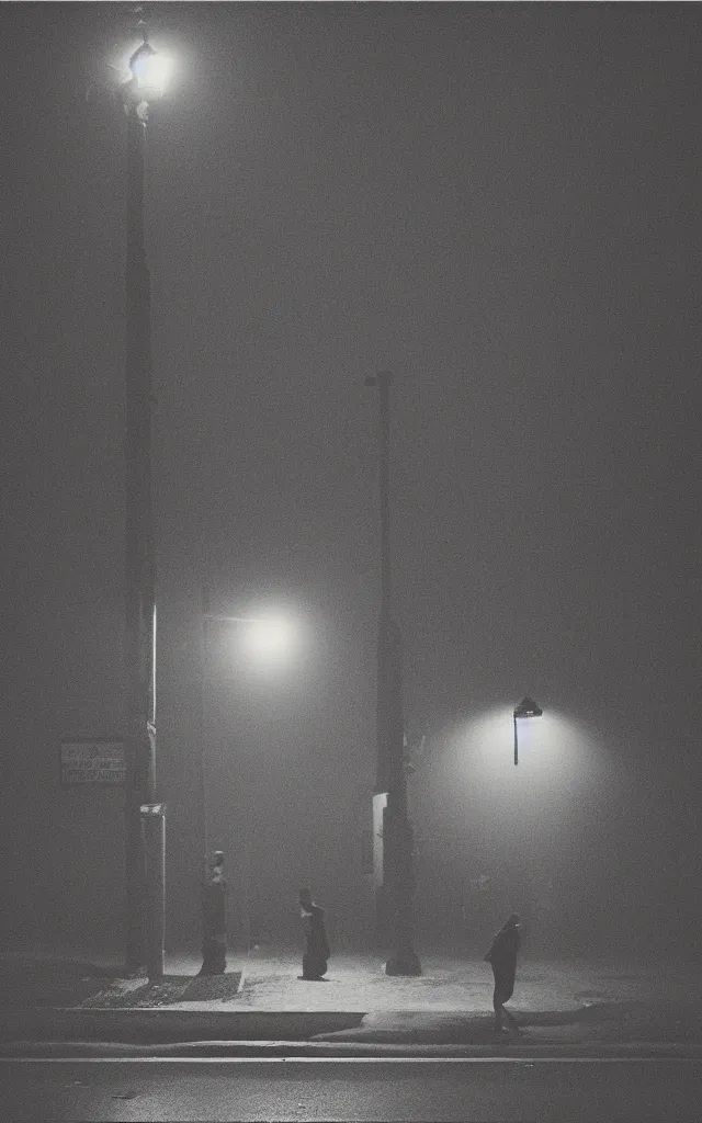 Image similar to “ quiet american neighborhood at night, a woman waiting with a black umbrella, photography in the style of gregory crewdson, mist, rule of thirds ”