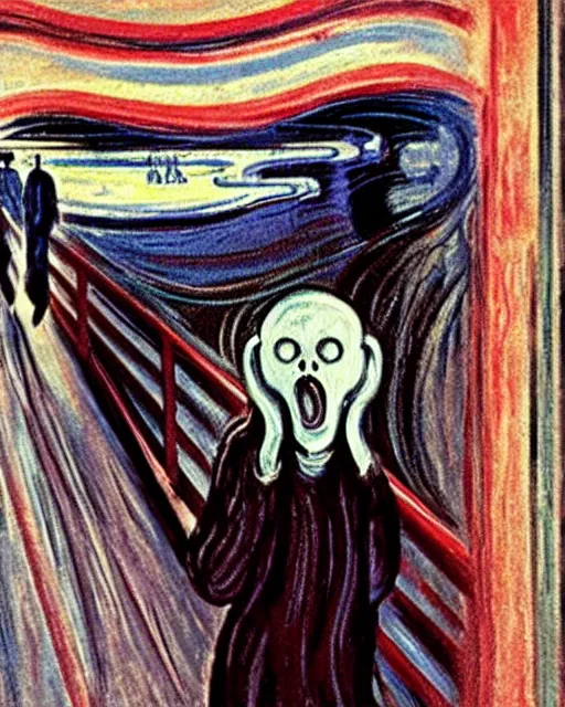 Image similar to a painting of ghostface in the scream by edvard munch