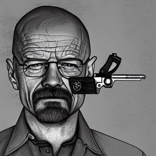 Prompt: Walter White pointing a revolver at right side, accurate anatomy, highly detailed, digital art