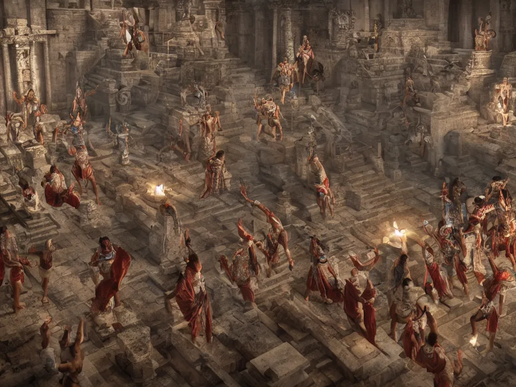 Image similar to 3 d render of aztec and mayan priests resurrecting the gods in a temple, cutscene, concept art, highly detailed, unreal engine, 4 k,