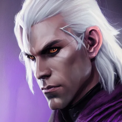 Image similar to realistic portrait of drizzt du orden by r. a. salvatore with thinner face, dark elf with purple eyes and white hair, trending on artstation, low angle oil painting and composition laws, cinematic lighting, hyperdetailed, cgsociety, 8 k