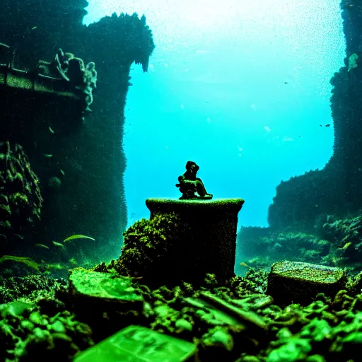 Prompt: Ruins, Nicolas Cage underwater mossy old statue, ruins, photo, dark, kelp and moss all over, bottom of ocean, deep ocean, bottom of ocean, dark, 35mm, fish, underwater landscape, 4k, detailed, photorealistic, photo, Atlantis, underwater camera, fish, fish, fish