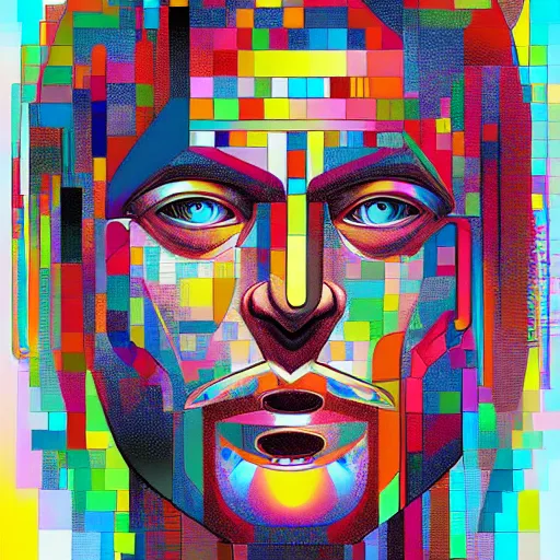 Prompt: portrait of abstract visual artificial intelligence face chromatic suit by Petros Afshar and wassily kandinsky, highly detailed
