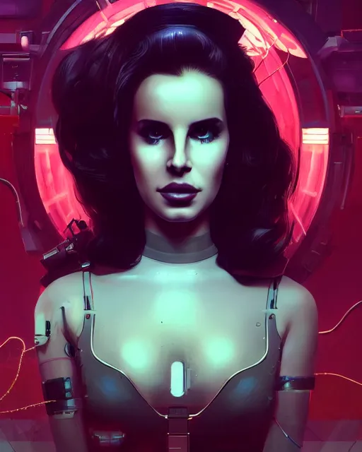 Image similar to portrait of lana del rey as a cyberpunk cyborg. sci - fi intricate abstract. intricate artwork, tear drops, roses, by tooth wu, wlop, beeple, dan mumford. concept art, octane render, trending on artstation, greg rutkowski, asymmetrical, cinematic arthouse, key art, hyper realism, iridescent accents