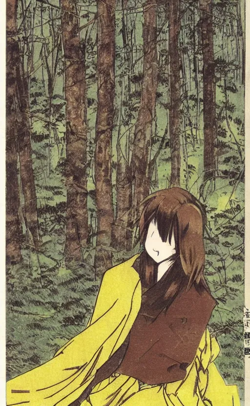 Prompt: by akio watanabe, manga art, medium size boar is curios about girl with brown hair sitting in forest, yellow eyes, trading card front, kimono, realistic anatomy