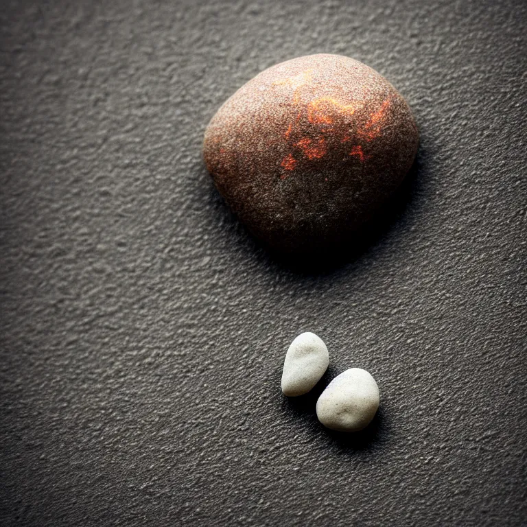 Image similar to photo of a pebble with a luminous rune drawn on it. pebble wrapped with copper wire. extremely high details, masterpiece, cinematic, octane rendering, depth of field, bokeh, cgsociety