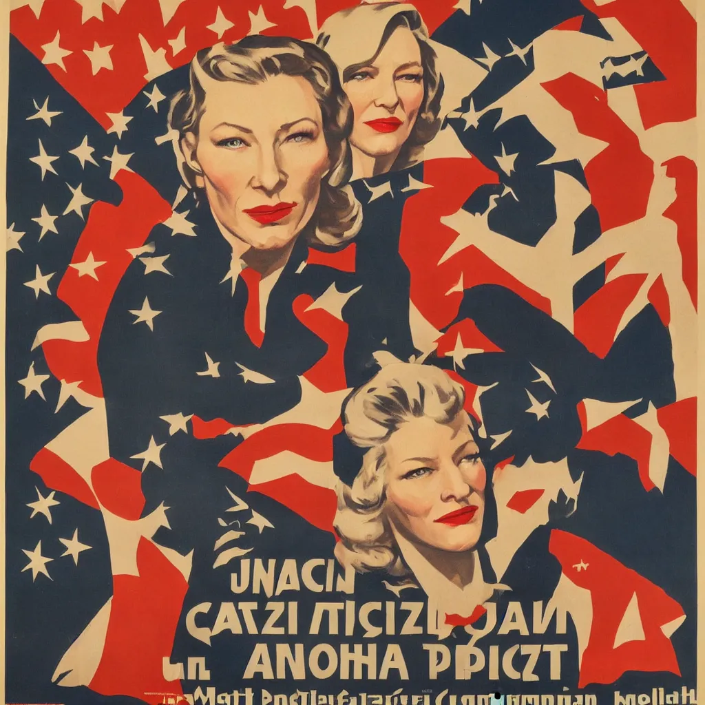 Image similar to american propaganda poster with cate blanchett calling on the world community to fight against Nazism, Ultra Detailed, soviet realism