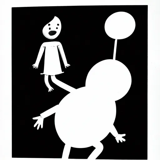 Image similar to book illustration of a balloon character holding a inflated human by a string, book illustration, monochromatic, white background, black and white image