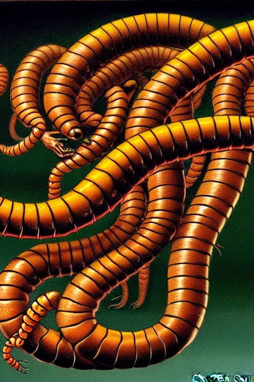 Image similar to a hyperrealistic painting of a freight train sized killer centipede, by chris cunningham and richard corben, highly detailed, vivid color,