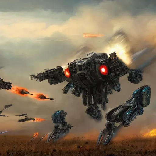 Prompt: an ultra - detailed realistic cinematic shot of a mech fighting it's final battle against a backdrop of explosions on the plains of the american midwest, mechwarrior, hyper realism, highly detailed, art, substance painter realistic mech surface metal painted scratches, 8 k