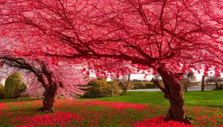 Prompt: beautiful photograph of a bare tree with red cloth ribbons hanging from it's branches. cherry blossom petals are falling down, magical lighting, pexels, unsplash, artstation, hyperrealism, photorealism, hd