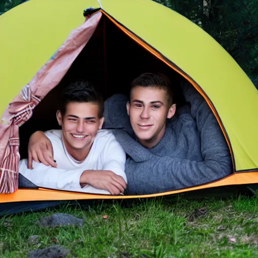 Image similar to two very handsome young men are cuddling in a tent