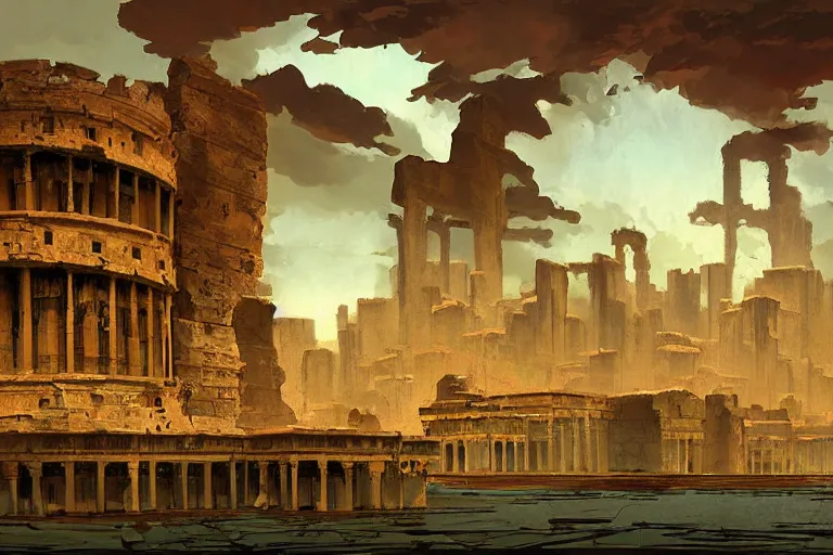 Image similar to an architectural painting of the ruins of an archaic city of ancient persia floating in the sky by syd mead and frazetta and james gilleard in the style of hugh ferriss, ancient persian architecture by hugh ferriss and peter mohrbacher