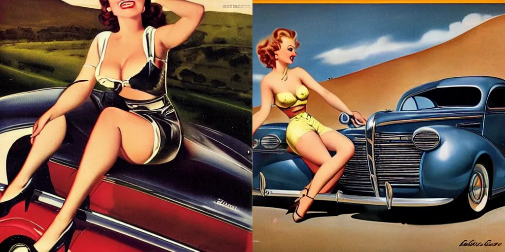 Prompt: “ pin - up model promoting german cars, 1 9 3 9, by gil elvgren, close - up, highly detailed ”