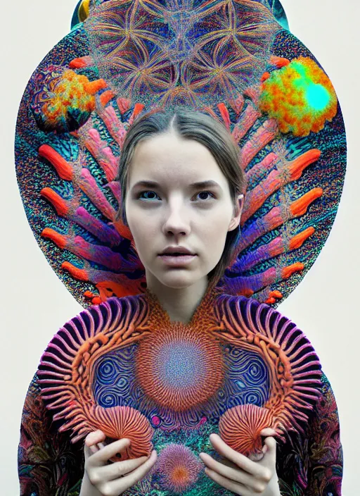 Prompt: ridiculously beautiful young woman tripping, thinking, psychedelics, nature, coral, birds, symmetrical, in the style of ernst haeckel, effervescent, sacred geometry, warm, surrealism, photo realistic, epic and cinematic,