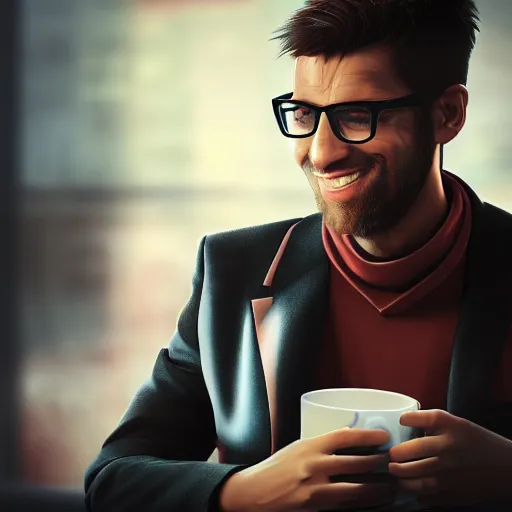 Image similar to portrait of a handsome startup CEO having a cup of coffee. cyberpunk style, digital art