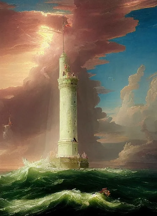 Image similar to a delicate ornate white fantasy tower with pink and green decoration splashes upwards from a turbulent ocean, dramatic lighting, rich colors, beautiful painting by Thomas Cole