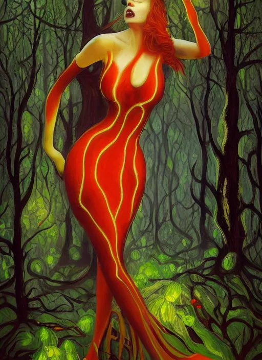 Image similar to junoesque curvaceous fey queen, vine dress, glowing forest, strong line, eerie color, beautiful! coherent! by mariusz lewandowski