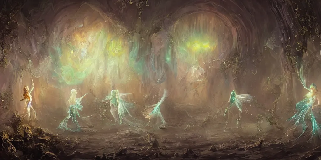 Image similar to concept art of translucent glowing fairies dancing, lovecraftian, renaissance, melting, round moon, rich clouds, fighting the horrors of the unknown, very detailed, volumetric light, mist, fine art, decaying, textured oil over canvas, epic fantasy art, very colorful, ornate intricate scales