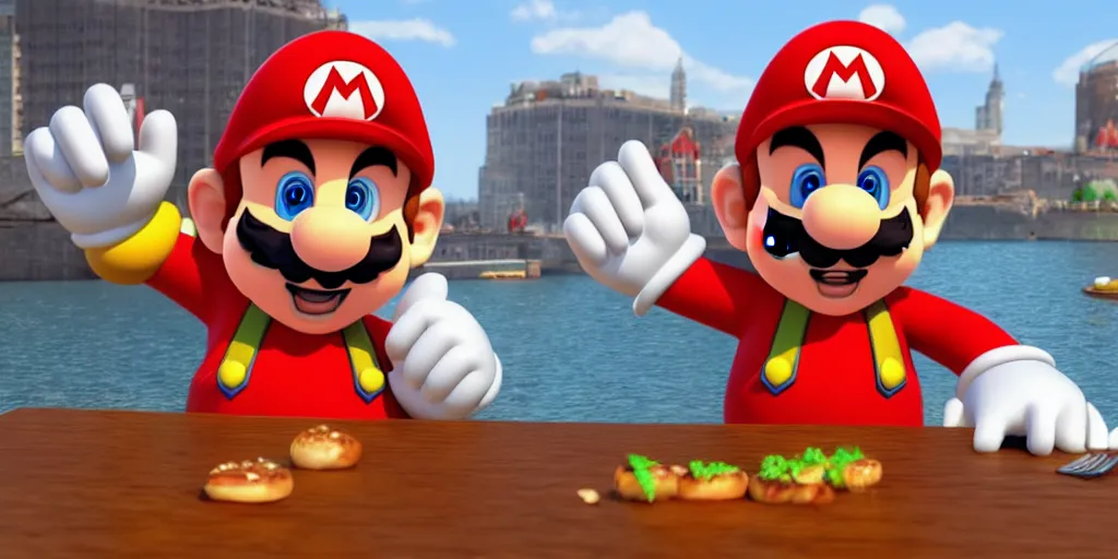 Prompt: Super Mario sitting next to a table eating some delicious hamburgers, digital art, wide shot, highly detailed, hyperrealistic, photorealistic, unreal engine 5, very detailed, emotional, made by a professional 3d artist, dynamic lighting, trending on artstation, 4k uhd, epic composition, masterpiece