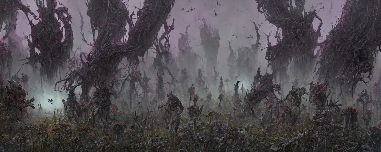 Prompt: 'Life from death' An aesthetic horror dark sci-fi landscape painting depicting 'A graveyard with plants and flowers growing, ghosts + bats and crows flying around' by Wayne Barlowe, Trending on cgsociety artstation, 8k, masterpiece, cinematic lighting, highly detailed, vibrant colors.