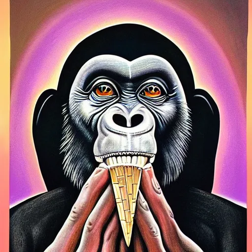 Prompt: alex grey painting of a chimpanzee holding up a bone