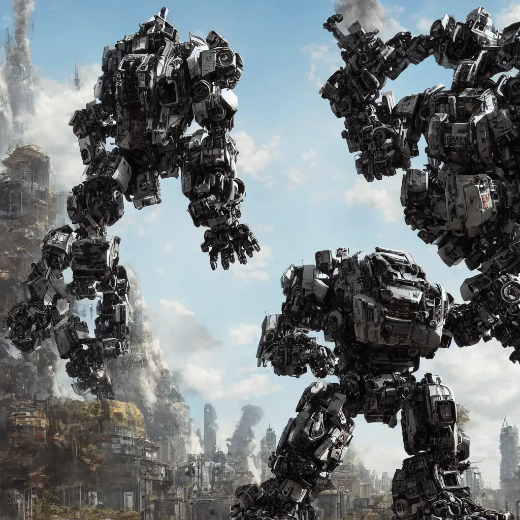 Prompt: giant robotic gorilla mech in the middle of an eastern european city, mecha, titanfall, industrial, bulky, sci fi, photorealistic, atmospheric