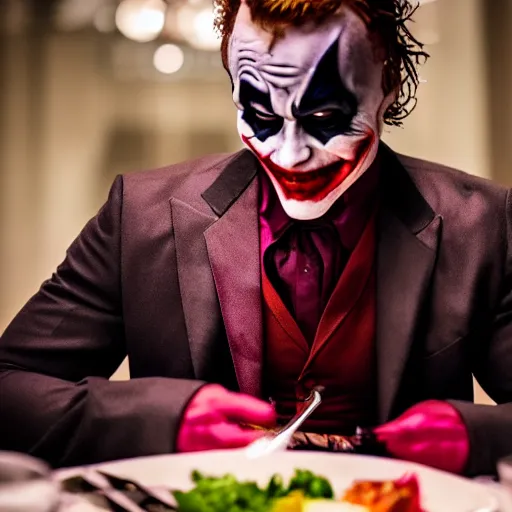 Prompt: heath ledger joker eating at a fancy restaurant with deadpool, 85mm f/1.4