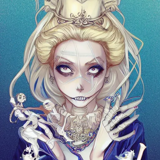 Prompt: anime manga skull portrait young woman, cinderella, Disney, fairy, skeleton, intricate, elegant, highly detailed, digital art, ffffound, art by JC Leyendecker and sachin teng