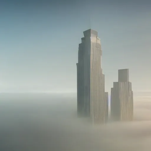 Prompt: lone skyscraper rising from an opaque carpet of fog in an otherwise clear sunny day. lateral view showing the building from top to bottom. dynamic perspective, surrealism, concept art by dom qwek, trending on cg society, futurism, futuristic, volumetric lighting, aesthetic. digital matte painting