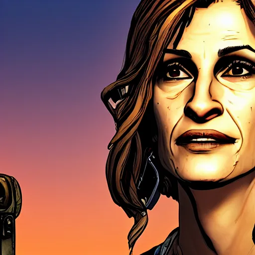 Prompt: julia roberts portrait, borderlands, tales from the borderlands, the wolf among us, comic, cinematic lighting, studio quality, 8 k