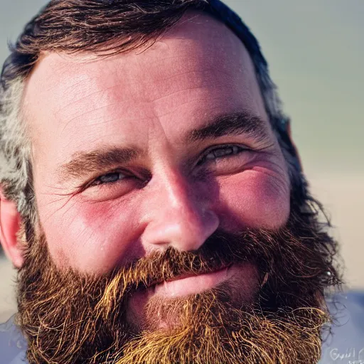 Prompt: close up portrait of a handsome, bearded, smiling 5 0 year old man on a beach in the early morning. graflex, 2 0 0 mm, bokeh