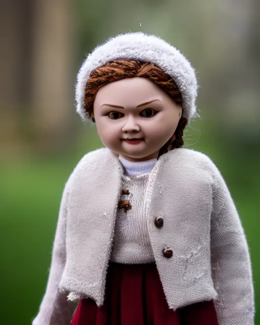 Prompt: high quality presentation photo of a cute greta thunberg porcelain doll, photography 4k, f1.8 anamorphic, bokeh, 4k, Canon, Nikon