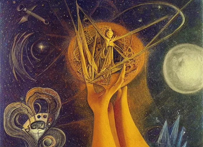 Prompt: an ancient full moon, cosmic universe, aquarius, by remedios varo, reflection, symbolist, warm colors, dramatic lighting, smooth, sharp focus, extremely detailed, aesthetically pleasing composition