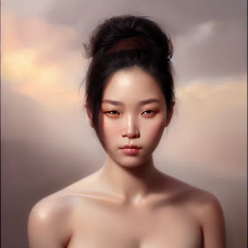 Prompt: portrait of a beautiful woman, square-faced, sand-colored skin, harried bun of black hair, korean, soft details, dark brown eyes, matte painting oil on canvas by mark arian by artgerm, trending on artstation, 4k, 8k, HD