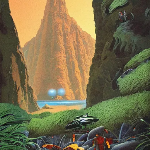 Image similar to beautiful illustration of a lush natural scene on an alien planet by vincent di fate. science fiction. extremely detailed. beautiful landscape. weird vegetation. cliffs and water.