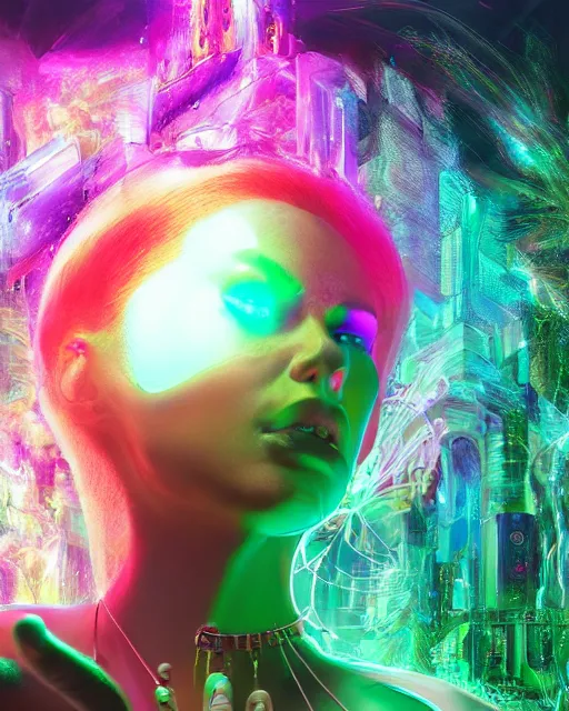 Prompt: a powerful energy psychedelic matrix queen, by alexander fedosav, hyper detailed digital matte painting, concept art, hyperrealism, 1 6 k resolution, cinema 4 d, 8 k resolution, trending on artstation, behance hd, a masterpiece, by stephan martiniere, particles, cel - shaded, power bright neon energy, by david a. hardy,