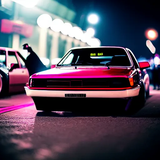 Image similar to a car S30 turbo drift at illegal car meet, shibuya prefecture, sunset night mist lights, cinematic color, photorealistic, highly detailed wheels, highly detailed